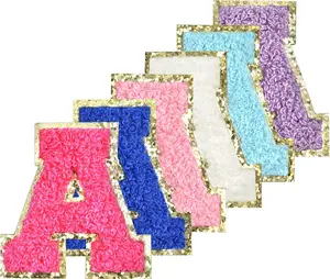 6Pcs Self Adhesive Chenille Varsity Preppy Glitter Fuzzy Letter Patches for Clothing Bag Laptop Phone Case Mixed Color A