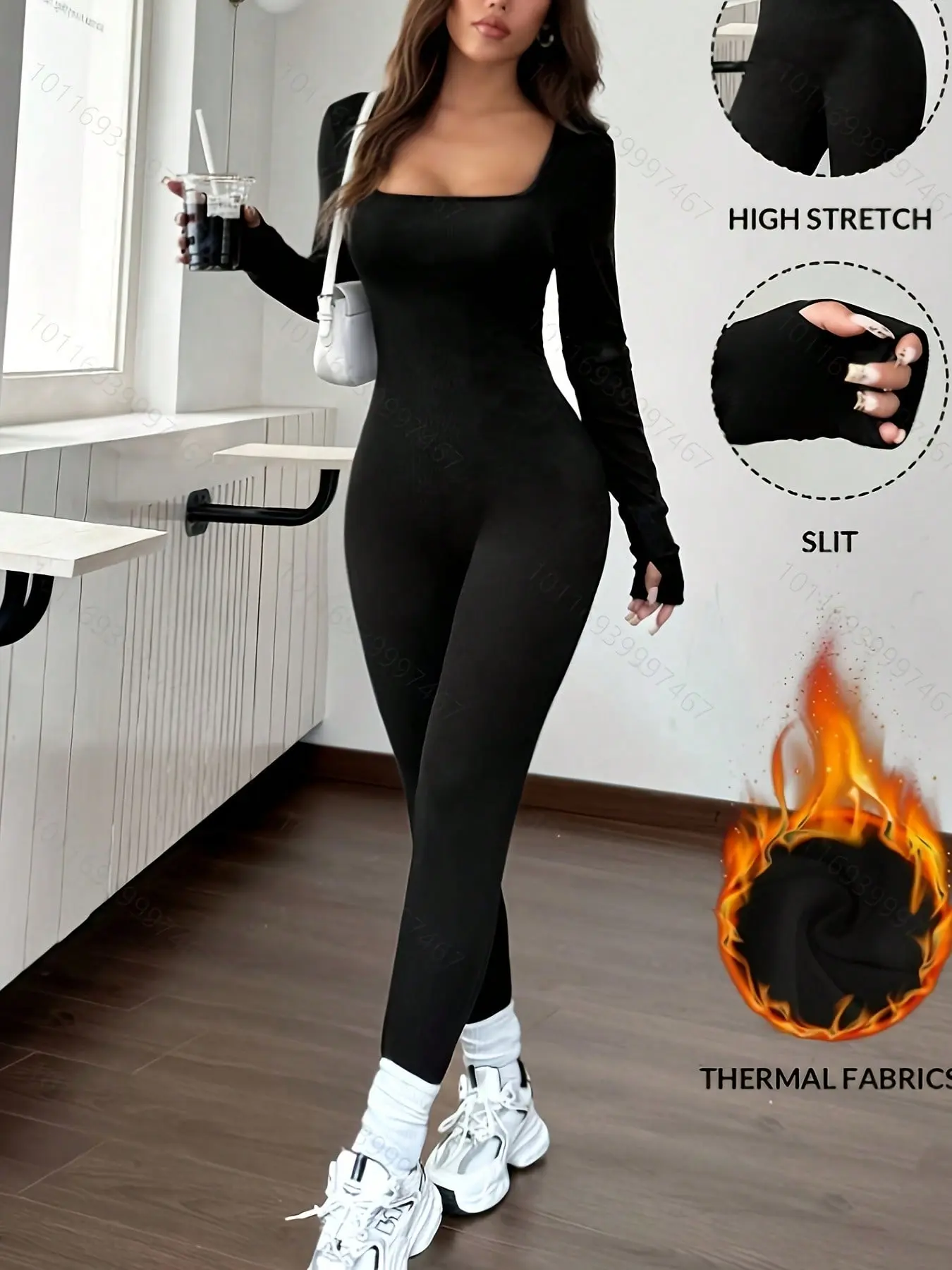 Women Seamless Square Neck Corset Jumpsuit Long Finger Hole Sleeve Thermal Ribbed High Stretch Slit Hem Slim Bodycon Full Length Bodysuit