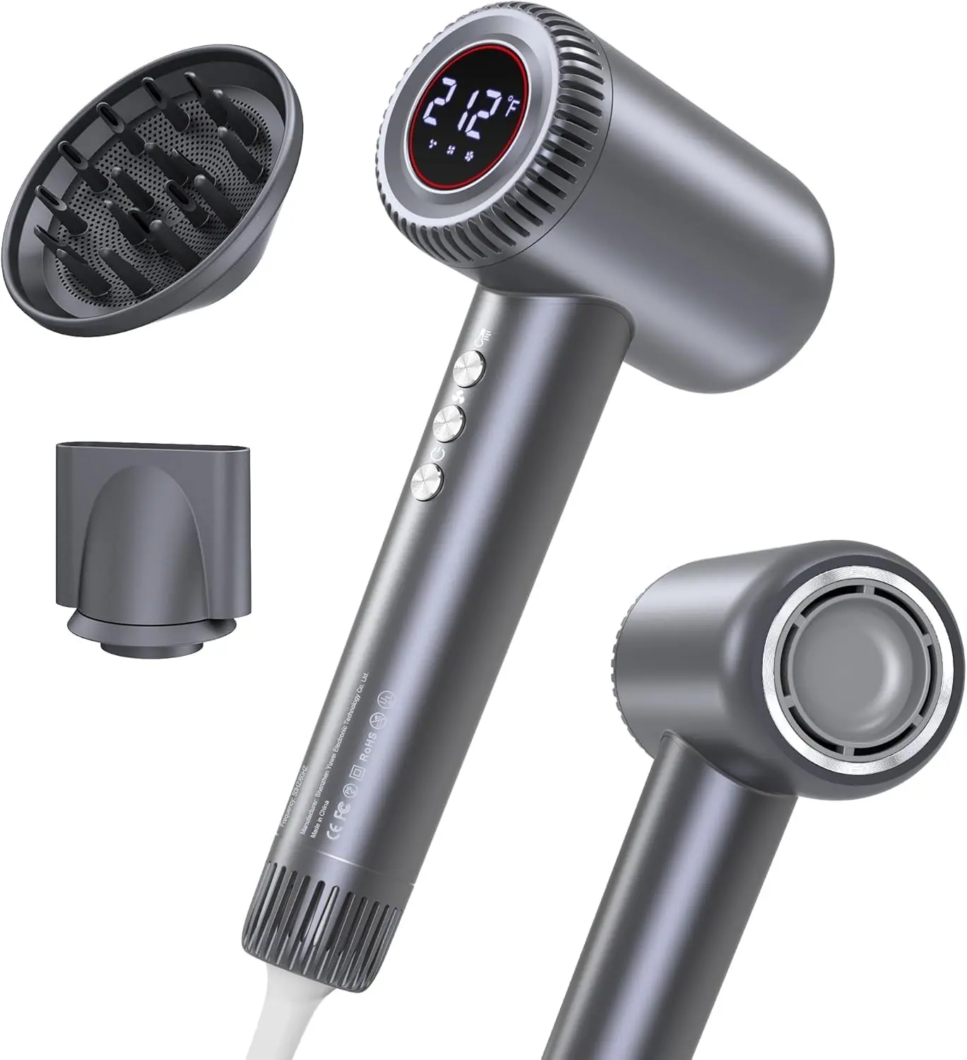 Hair Dryer, 180000 RPM High-Speed Blow Dryer, Negative Lonic Professional Care Hair Dryer, 1600W Low Noise Brushless Motor, Thermo-Control with Magnetic Diffuser and Nozzle for Travel, Salon(Grey)