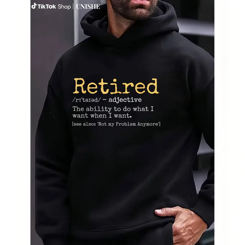 Comfortable Black Long Sleeve Hoodie Featuring Bright Yellow "Retired" Sleeve Text
