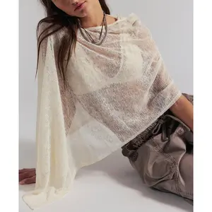Women's Sheer Flowy Poncho Blouse Fashion Solid Color Boat Neck Loose Fit Crop Cover Ups for Casual Beach Wear