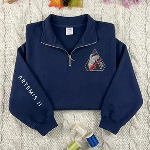 NASA Artemis II Embroidered Quarter Zip Sweatshirt, Moon Mission Patch Hoodie, Space Lover Gift, STEM Science Crewneck, Minimalist Astronaut Sweater
