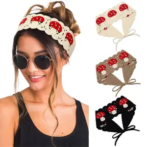 Female 3-Pcs Handmade Knit Woolen Yarn Hippie Headbands, Fashion Boho Interchangeable Hair Bandanas with Mushroom Print, Floral Hair Wraps, Interchangeable Headbands,summerwins