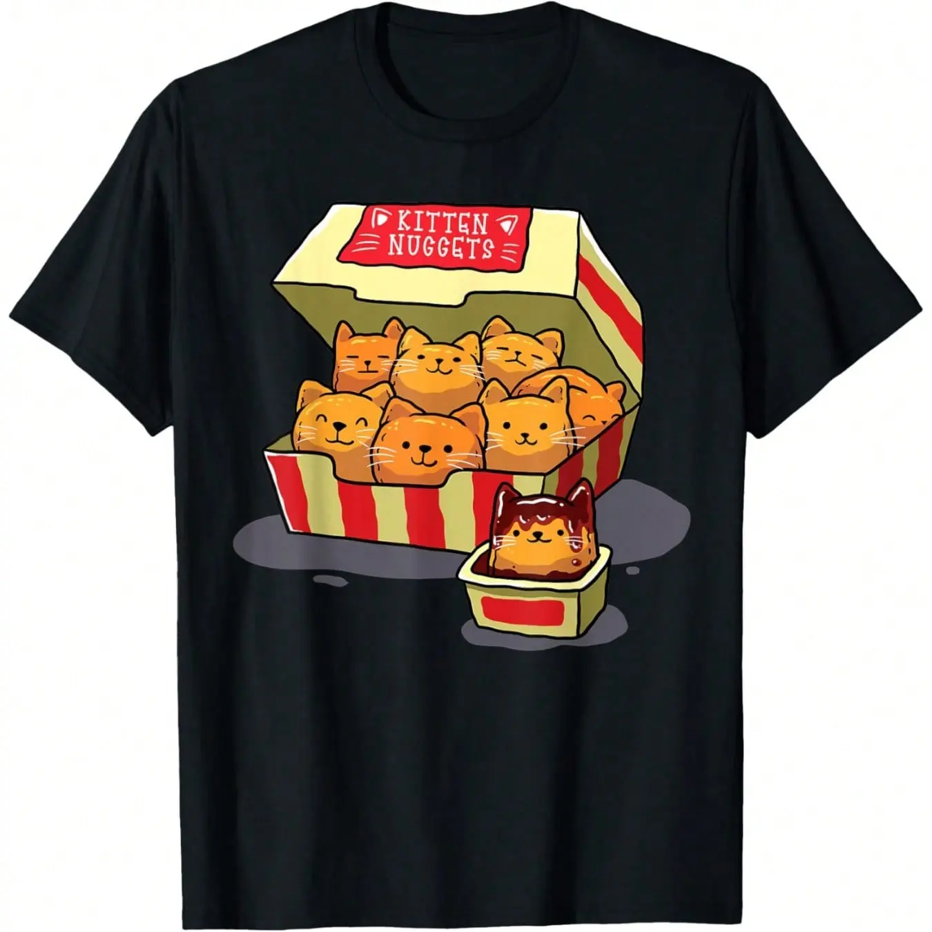 Men's Casual Short-Sleeve T-Shirt - Fitted Cut All-Over Print, Kitten Nuggets Food Pun Cat Lover Gift, Streetwear Top