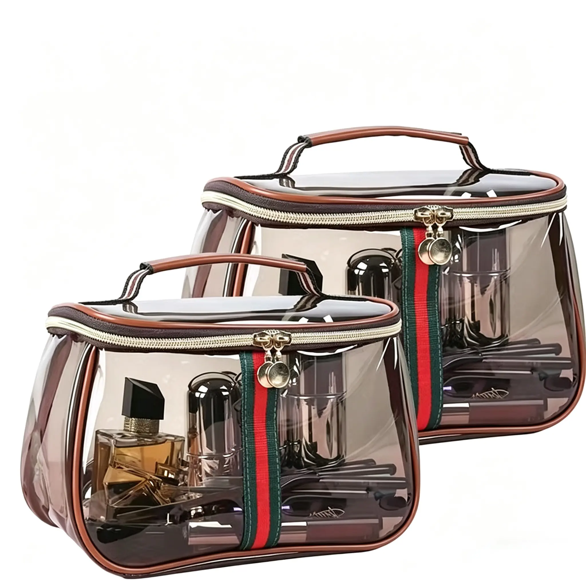 2PCS New Retro Vintage Vanity Bag, Clear Makeup Organizer with Handle,Large Capacity Waterproof Makeup Organizer bag with Zipper,Travel Cosmetic & Skincare Storage Case for Ladies (Coffee)