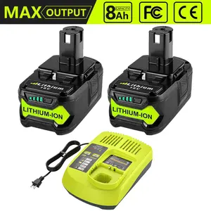 2 Pack 8.0Ah Lithium Battery Replacement for Ryobi & P117 Charger Combo – Compatible with Ryobi 18V Tools (P102, P103, P104, P105, P107, P108, P109)