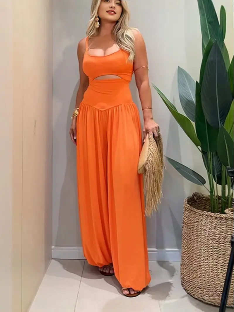 Women's 2-Piece Set, Orange Cut-Out Top, Flowing Maxi Skirt