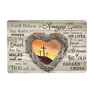 8X12 Inch Vintage Cross Wall Art | Inspirational Quote Rustic Metal Plaque For Home, Bar, Cafe, Garage Decor，Sunset Painting, God Landscape Canvas, Into The Arms Of Jesus, Gift for Christian, Ready to Hang，room  sign