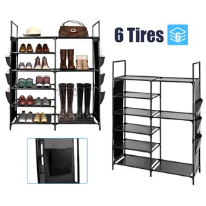 6 Tiers Shoe Rack Metal Shoe Organizer for Entryway Closet, 18-24Pairs Stackable Shoe and Boots Shelf Storage Cabinet with  Side Hanging Pockets for Bedroom, Garage, Black