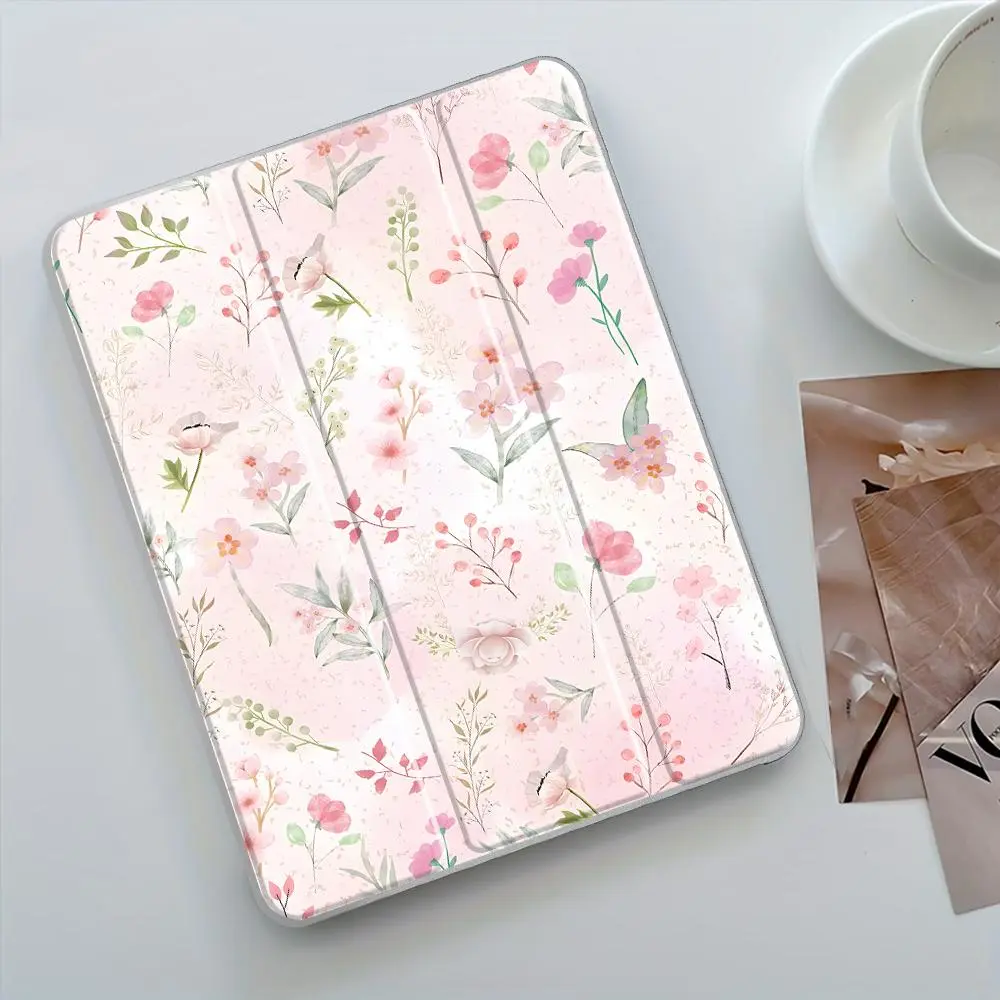 Floral Three-Fold Stand Case Cover for iPad, Transparent Acrylic Hard Back, Includes Pencil Slot and Charger Port, Fits iPad 10.2inch 2019/2021, Protective, Ultra-Slim and Shock-Proof Tablet Protection, Ideal for Office, School, Home