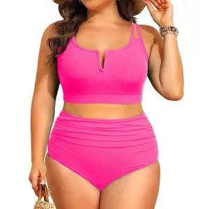 Yonique Women Plus Size High Waisted Bikini - Ribbed Two Piece Swimsuit Tummy Control Bathing Suit V-Wired 2026 Swimwear