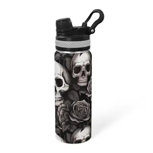 20Oz Gothic skull and rose pattern Double Wall Insulated Water Bottle with Straw And Lid, Stainless Steel Sports Bottles Mug for Home Office, Suitable for Fitness, Travel, Office, And Gifts, The First