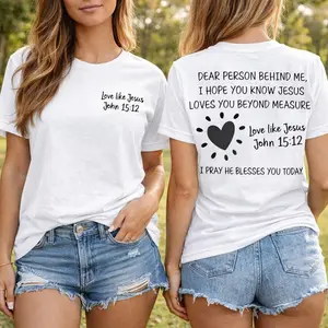 Plus Size Women's Jesus Graphic Cotton T-Shirt - "Dear Person Behind Me" Religious Print Short-Sleeve Top, John 15:12 Christian Quote Cute Loose Fit Round Neck Tee, S-5XL Faith Apparel Benito, Tshirt