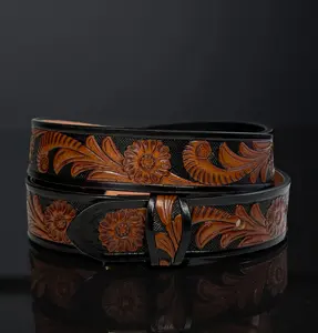 Tooled Western Flower Carved Leather Belt 100% Genuine Full Grain Cowhide Engraved Genuine Leather Cowboy Belt