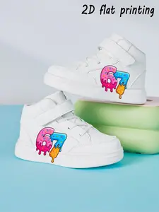 Kids Cartoon 2D Print Trendy High Top Sneakers, Hook & Loop Closure, Cute Number 67 & Ice Cream Pattern, Casual Shoes for Toddlers