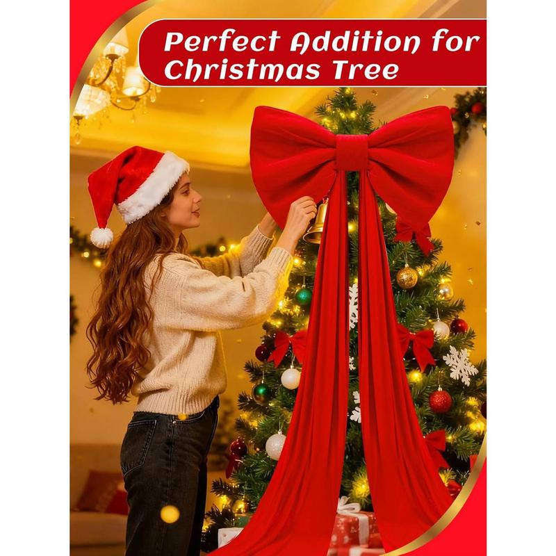 Giant Christmas Tree Topper Velvet Bow Decorations - 32x98in Large Plump & Structured Bows with Pearl Cotton Fill, Red Bow with Long Streamers for Indoor 6–7ft Christmas Tree Window Wall Decor