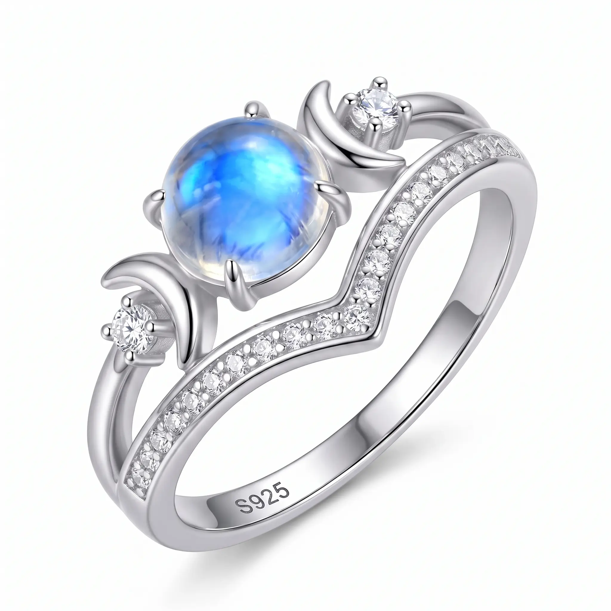 Women's Witchy Triple Moon Goddess Stackable Rings Set - S925 Boho Bands with 0.24in Untreated Natural Moonstone, Witchcraft Healing Gift, Retro Hypoallergenic Costume Rings, US Sizes 6-10