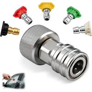 Garden Hose to Mini Power Washer Adapter-3/4 GHT to 1/4", Garden Hose Pressure Washer Attachment, Convert Water Hose to Power Washer Connector, Stainless Steel (Connector +5 Nozzle Set)