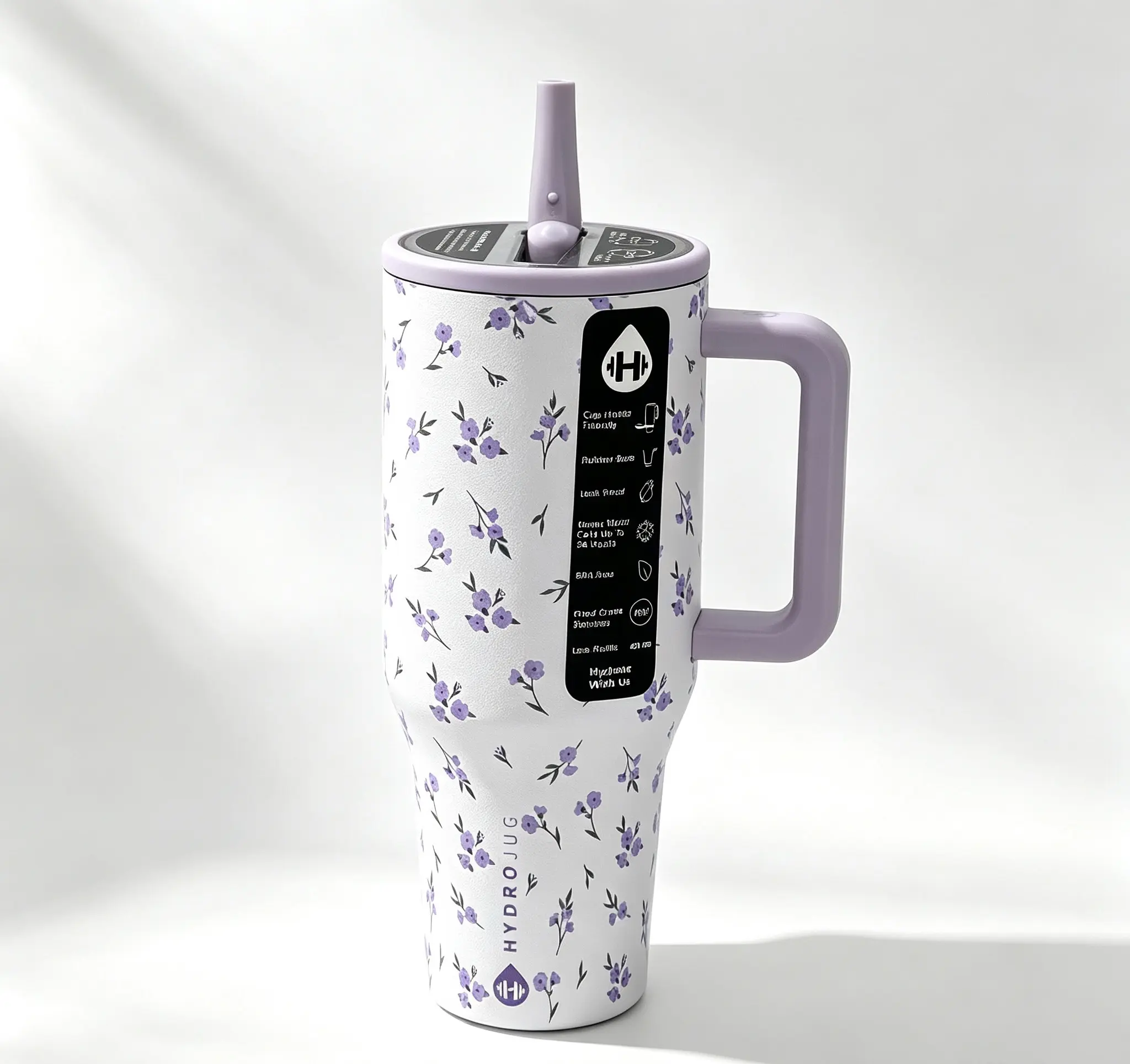 HydroJug 40oz Purple Floral Vacuum Insulated Stainless Steel Tumbler - Leak-Proof, 24-Hour Cold Retention, Handle, Straw Lid, Car Cup Holder Friendly Portable Garden Drinkware for Gym, Travel