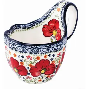 2026  Soup Bowls With Loop Handles Microwave & Oven Safe, 18oz Handpainted Flower Soup Mug for Women, Decorative Ceramic Cereal Bowls For Soup,Fruits,Stew,Ice cream,Snack-Red Lily Theme