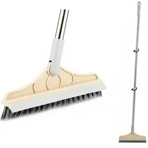 2 in 1 Scrub Brush Brush Scrubber New 53.5" Long Handle Grout Brush Scrape V-Shape Stiff Bristle Brush with Squeegee 120°Rotating Tile Brush for