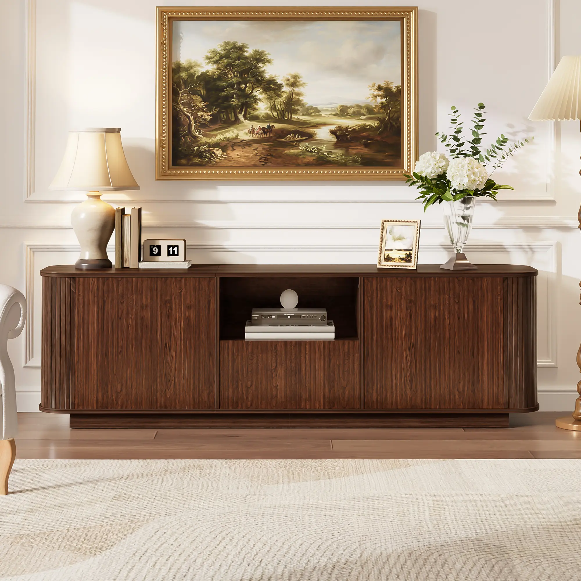 70-in Modern TV Stand - Media Entertainment Center for Living Room, Fits TVs Up to 80-in, with Ample Storage and Cured Corners