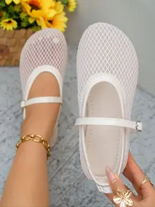 Women's Breathable Mesh Mary Jane Ballet Flats, Summer Casual Round Toe Lightweight Shoes, Comfortable Textile Upper, Rubber Sole