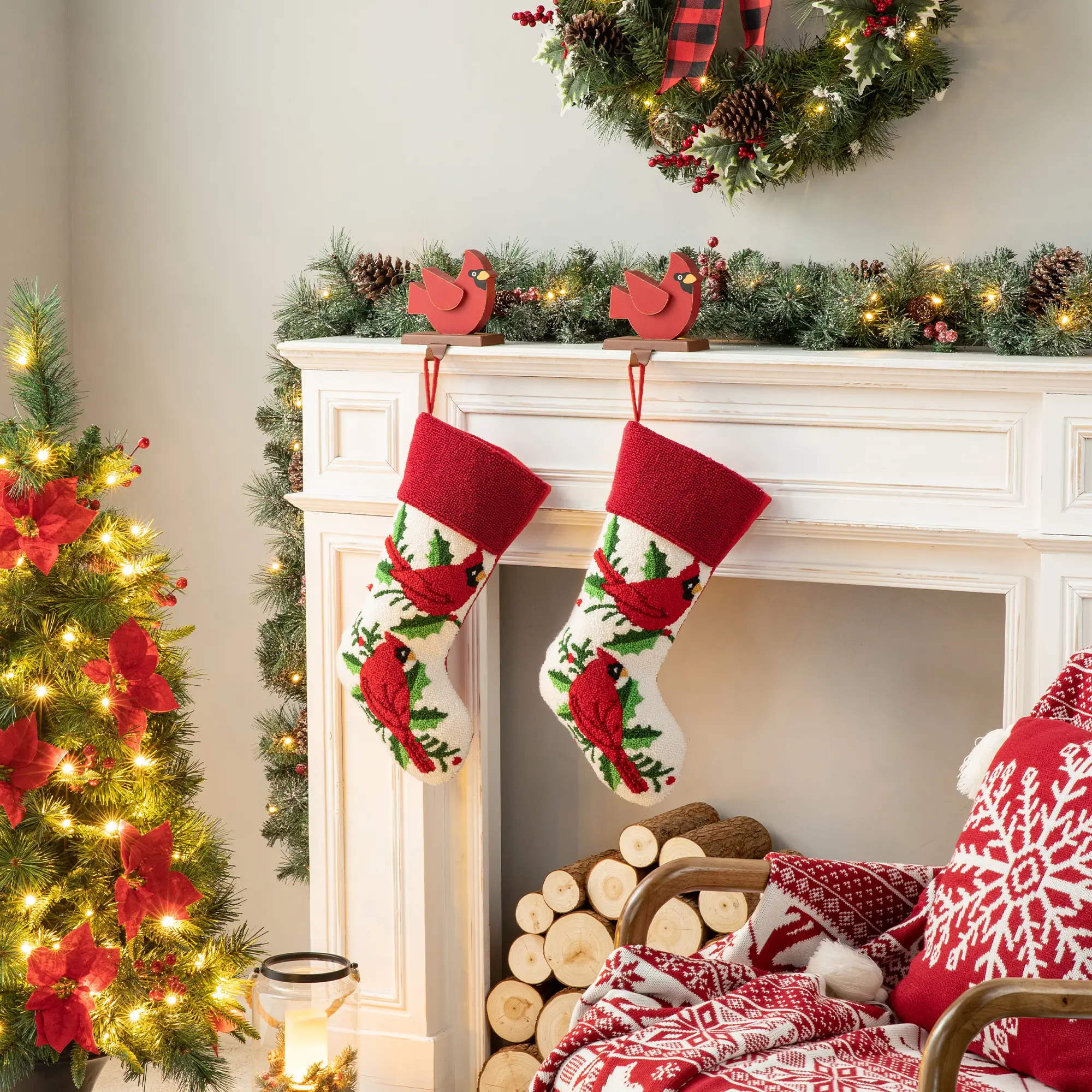 Glitzhome Christmas Decorative Hooked Stocking - 21.00"L x 0.79"W x 18.5"H, Poinsettia & Cardinal Design, Acrylic Wall Hanging Festive Decoration