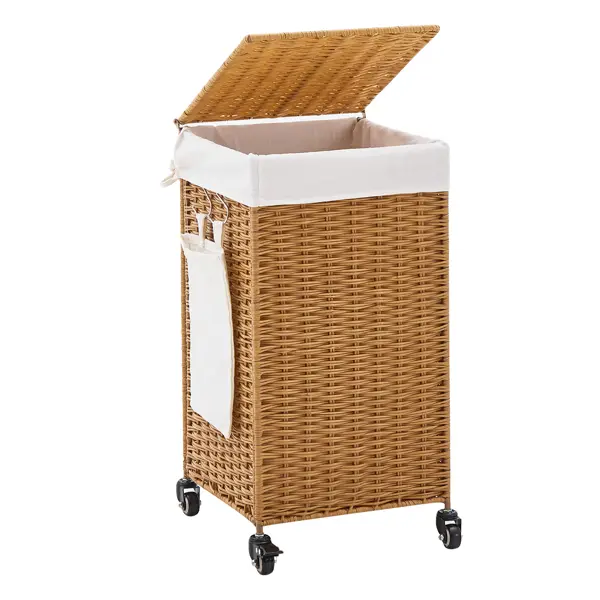 78L Laundry Hamper with Lid and Wheels, Woven Rattan Rolling Laundry Hamper