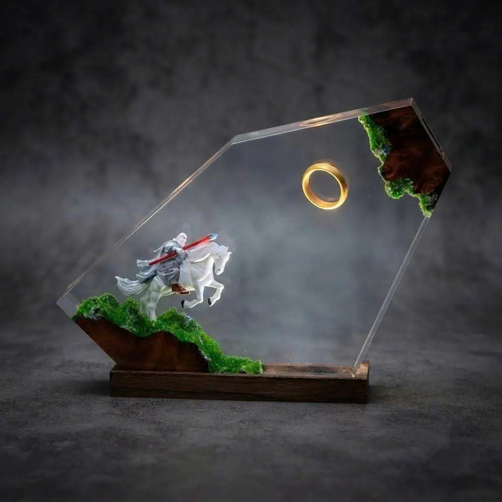 Handmade Asymmetric Crystal Epoxy Resin Fantasy Night Light, Magical White Wizard Riding Horse and Golden Ring Diorama LED Lamp with Wood Base, Unique Desk Decor and Collectible Art Piece