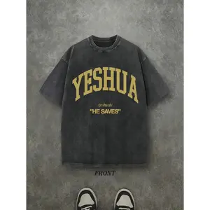 Retro Washed T-Shirt Single-Sided Printed (230 Pure Cotton T-Shirt) 'YESHUA HE SAVES' Letter And Pattern Print, Christian Gift, Mens TShirt, Mens Shirt Casual, Comfortable, Fashionable T-Shirt, Street Style Cotton