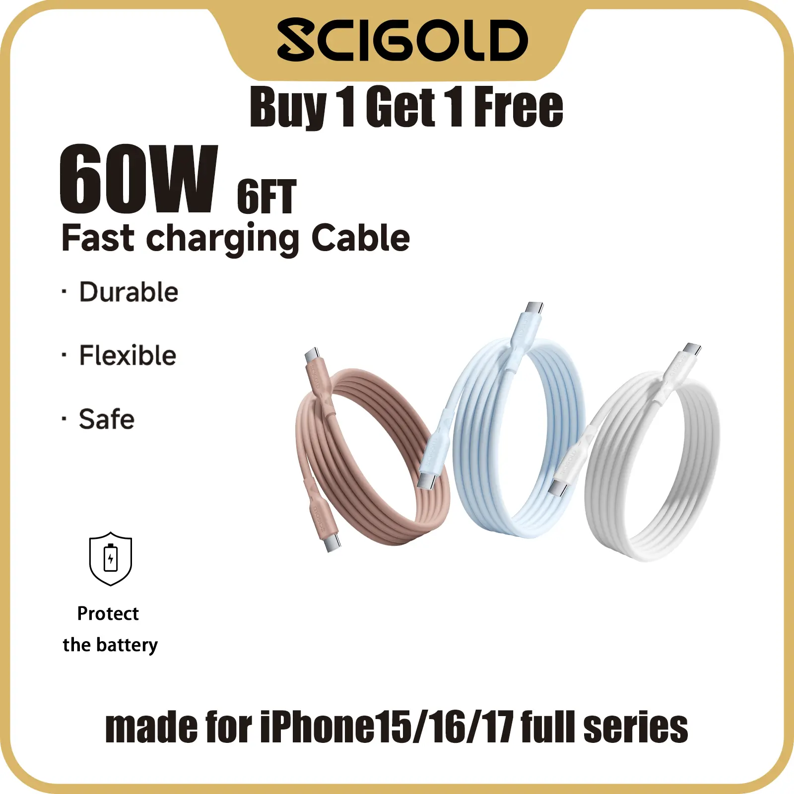 Scigold 2-Pack USB-C to USB-C 60W Fast Charging Cable 6FT, Soft Silicone PD Charger Cord for iPhone 15/16/17 Series, Samsung Galaxy S24/S23, MacBook Air/Pro, iPad Pro