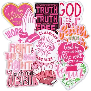 12 Pcs Verse Christian Iron on Patches Religious Phrase Embroidery Set Christian Sew on Patches for Clothes Uniform Trucker Hat Jackets Jeans Backpack DIY Decorations(Pink Style)