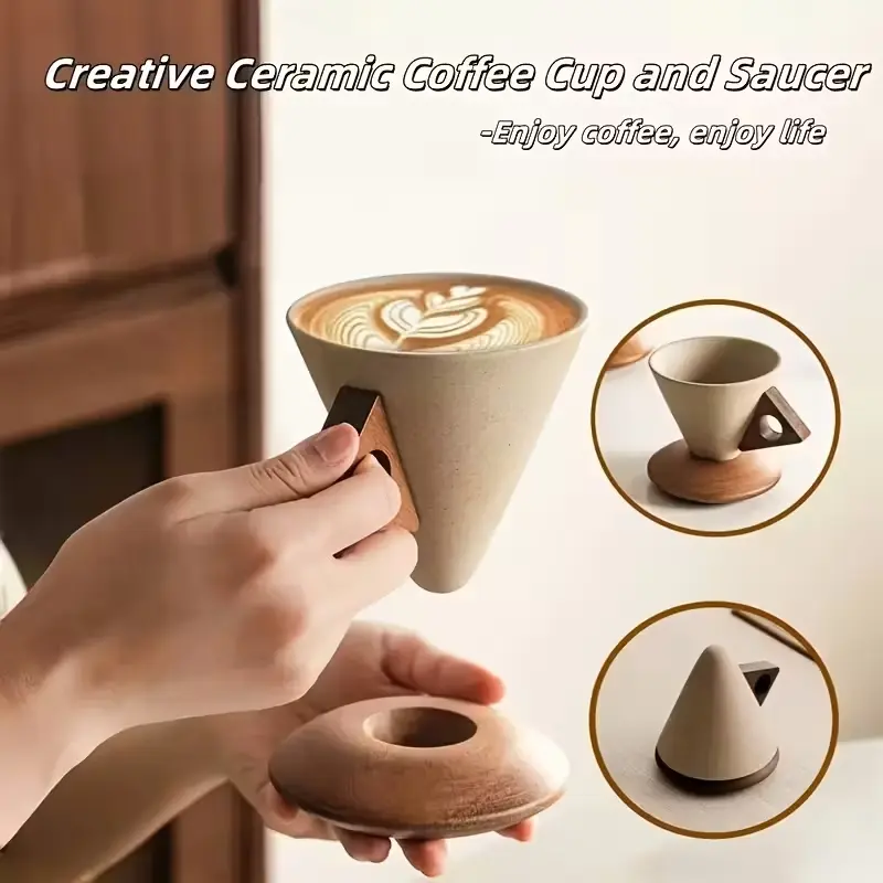 Funnel Shaped Ceramic Coffee Cup Mug Set 1 Piece Saucer - Handle & Spiral Base Retro Large Capacity, Teacup Milk Pot Stoneware Cup for Cafe Restaurant Home