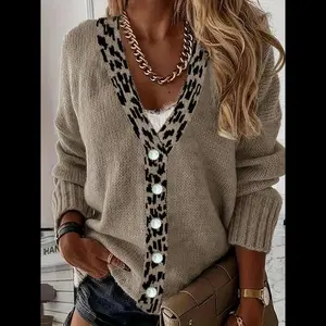 New[Plus Size] Solid Contrast Leopard Button Front V Neck Sweater Cardigan, Casual Drop Shoulder Long Sleeve Cardigan Sweater for Fall & Winter, Women's Plus Clothing for Daily Wear
