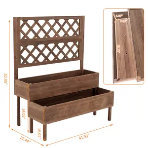 2-Tier Raised Wooden Garden Bed with Trellis – Elevated Planter Box with Legs and Drainage Holes, Ergonomic Vertical Flower Box for Outdoor, Patio, Balcony, Backyard – Perfect for Climbing Plants and Herbs – Brown