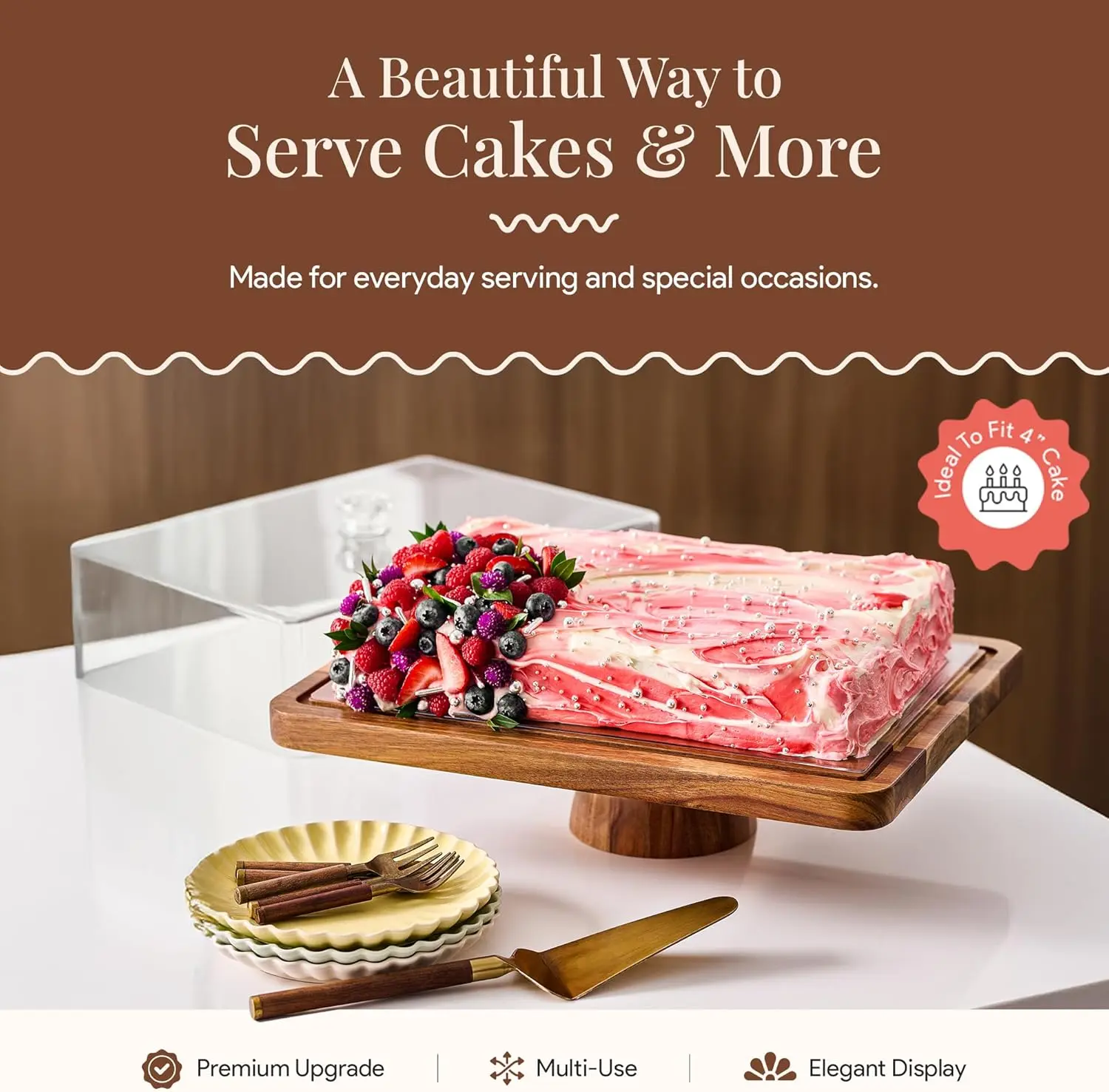 Acacia Wood Cake Stand with Dome Lid | 2-in-1 Dessert Display & Charcuterie Board | Cupcake Stand with Cover for Cakes, Cheese, Fruit & Entertaining | Rectangle Cake Stand with Lid for Kitchen & Gifting