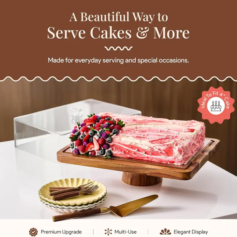 Acacia Wood Cake Stand with Dome Lid | 2-in-1 Dessert Display & Charcuterie Board | Cupcake Stand with Cover for Cakes, Cheese, Fruit & Entertaining | Rectangle Cake Stand with Lid for Kitchen & Gifting