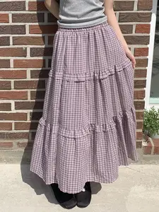 Sweet Preppy Style A-Line Loose Ruffle Plaid Skirt, Casual Streetwear for Women, Elegant Chic Skirt, Spring & Fall Fashion, Slim-Fit Design, Vintage Skirt