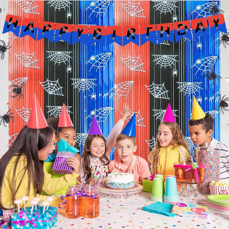 Spider Web Birthday Decorations 3 Pack - Spider Party Supplies 3.3x6.6ft with Pre-Strung Banner - Tinsel Foil Fringe Curtain Backdrop, Spidey Birthday Decorations with Red Blue Black Streamers for Boy