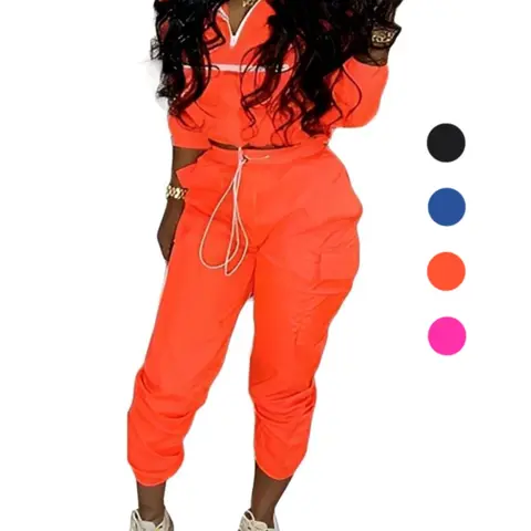 Women's Solid Basic Two-piece Set, Matching Outfits Set, Casual Half Zip Collared Funnel Neck Loose Fit Jacket & Drawstring Jogger Cargo Pants Set, Ladies Spring & Fall Fabric Clothes