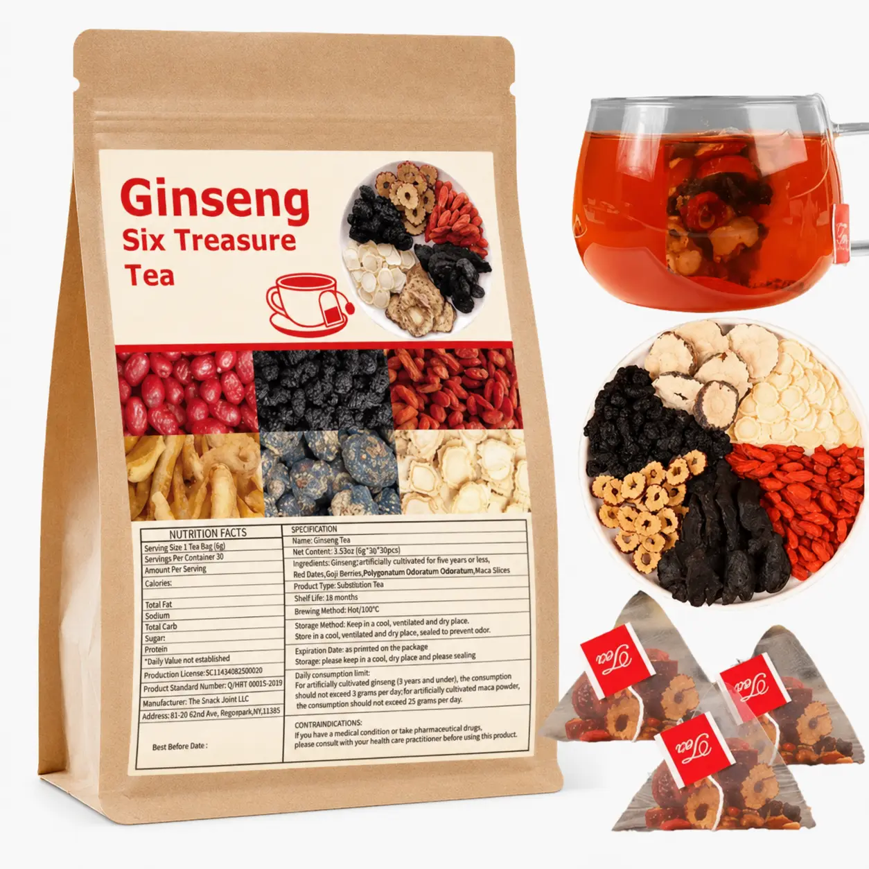 Ginseng Kidney Cleansing Tea with Red Date - Authentic Chinese Tea, 6-Treasures Healthy Organic Beverage, Traditional Nourishing Herbal Blend, Unisex Value Pack