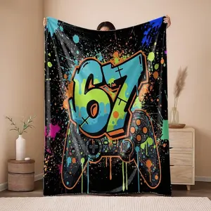 2D Flat Printing 1pc Brightly colored graffiti-style handle with numbers 67 Pattern Printed Blanket Flannel Fleece All Season Light Weight Living Room/Bedroom Warm Blanket Flannel Throw Blanket