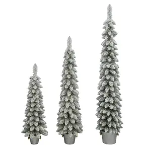 Set of 3 Flocked Pine Trees in Galvanized Buckets, Assorted Sizes Handmade Plush Metal Traditional Christmas Industrial
