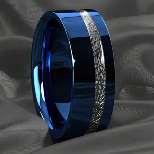 8mm Black/Blue Fashion Silver-Plated Ring for Men, Classic Style, Meteorite Stone, Promise Ring, Engagement Ring, Wedding Ring, Gift