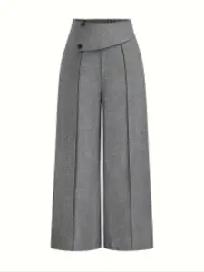 Women's Elegant Button Decorated Simple Chic Minimalist Office Commute Pants, Slim-Fitting High Waist Wide Leg Long Regular Casual Wear Womenswear
