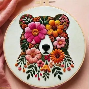 Bear Flower Embroidery Kit DIY Needlework Craft Materials with English Stitch Guide for Beginners Home Art Floral Stitching Project