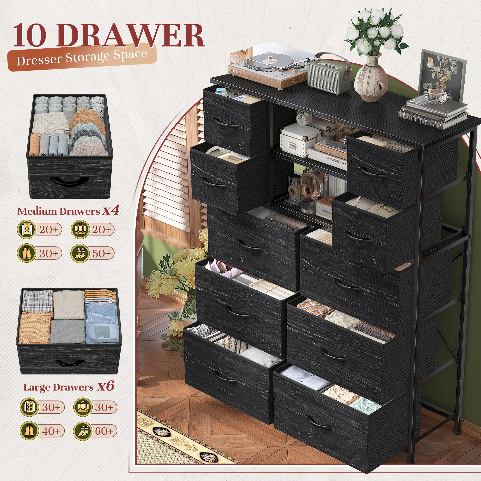 metal mesh dresser Tall Dresser with Storage Dresser for Bedroom, Fabric Chests of Drawers with Metal Screen Door,Modern Storage Cabinet for Living Room 48"H X 38"W X