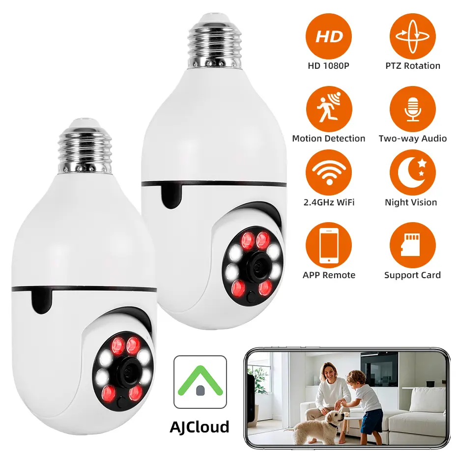 KERUI 2-Pack ABS Plastic E27 Screw-In Camera Lamp, Indoor Use, 1080P HD Pan-Tilt Security Camera, No Wiring, Auto Tracking, Full-Color Night Vision, 2-Way Talk, Remote View via AJCloud App, Functional Real Lamp