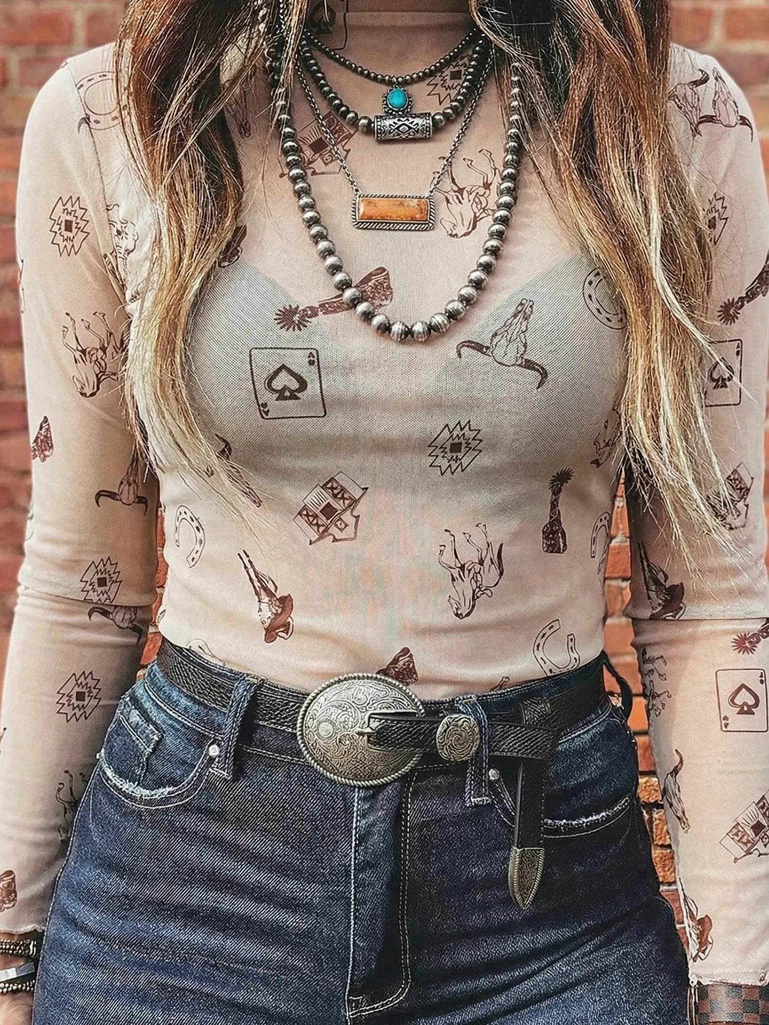 Must-Have Layering Piece Women's Sheer Mesh Mock Neck Top Y2K Western Style